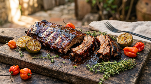 Sticky Flaming BBQ glazed pork ribs on a wooden board with scotch bonnets, charred lime and thyme