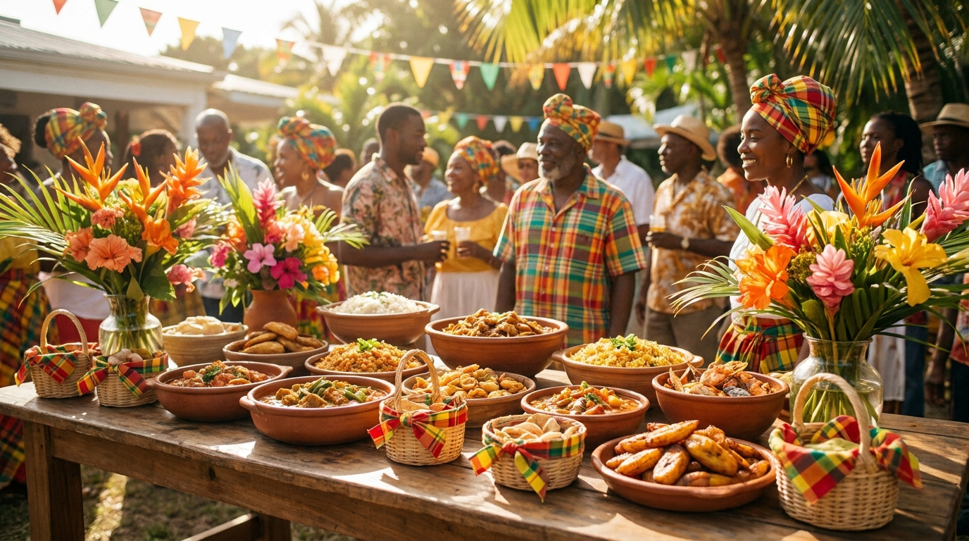 Table of Creole dishes and madras-trimmed baskets at a Guadeloupean cooks' festival