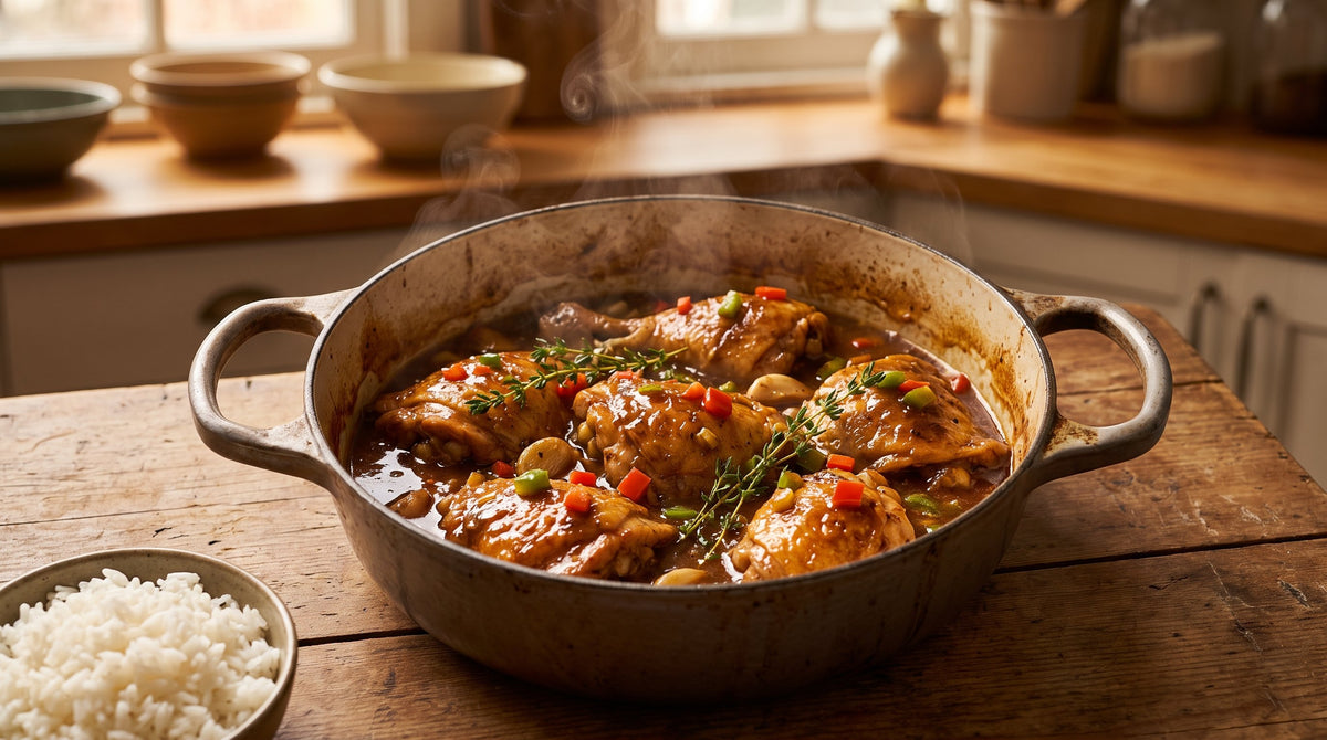French Caribbean chicken fricassée in a cast-iron pot with peppers, onion and thyme, served with white rice