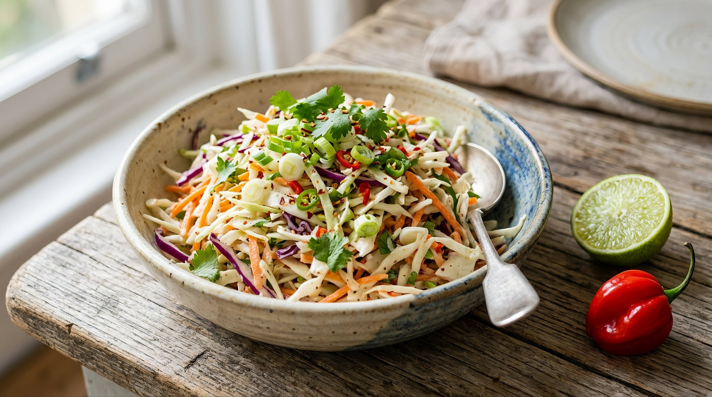 A bowl of crisp Caribbean coleslaw with cabbage, carrot, spring onion and chilli, lime and scotch bonnet beside it
