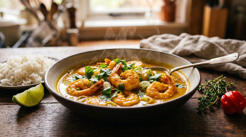 Caribbean prawn curry in a golden coconut sauce with rice, lime, thyme and a scotch bonnet