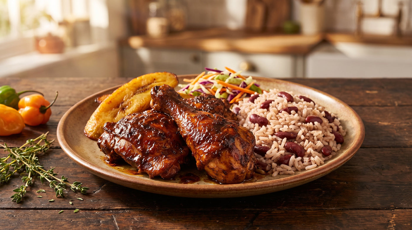Jerk chicken glazed dark and glossy with rice and peas, fried plantain and slaw