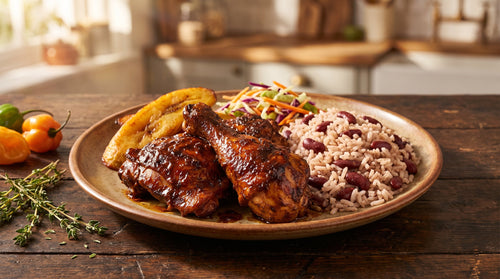 Jerk chicken glazed dark and glossy with rice and peas, fried plantain and slaw