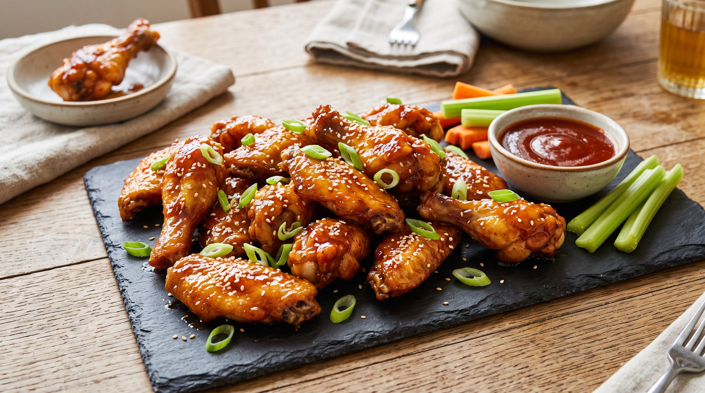 Sticky Caribbean barbecue chicken wings glazed golden amber on slate with celery and dipping sauce