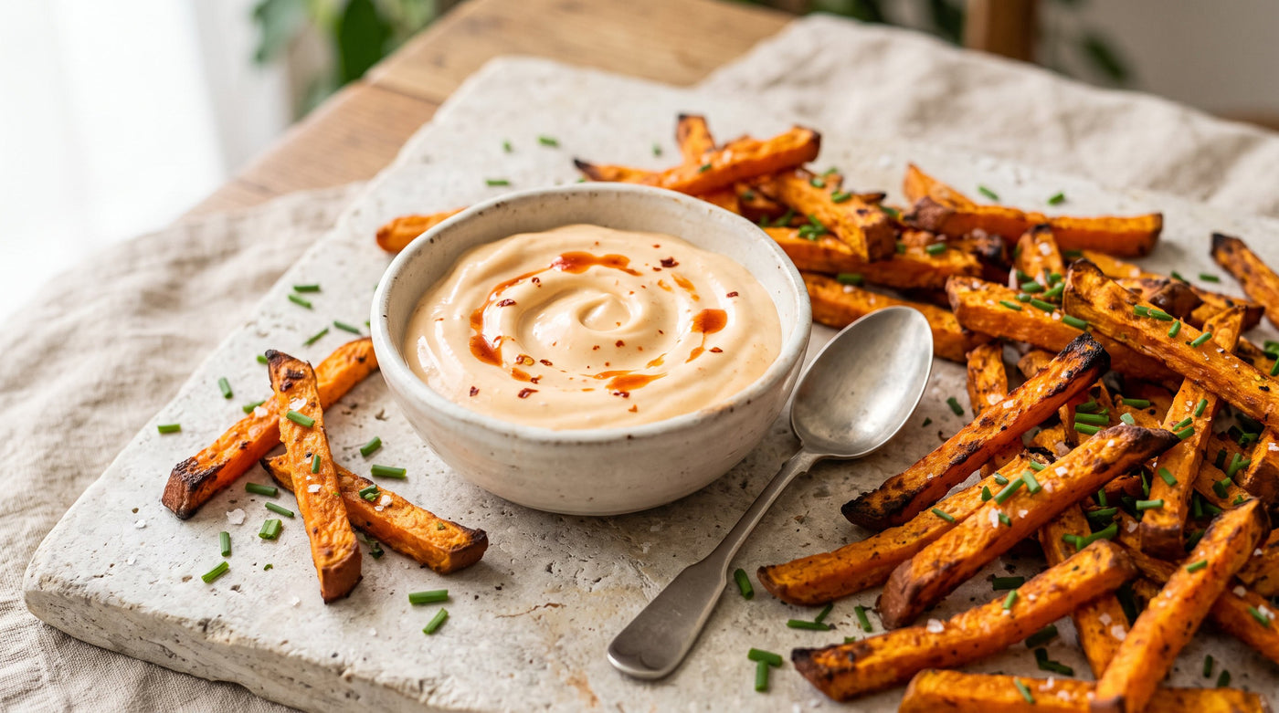 A bowl of creamy spicy mayonnaise drizzled with chilli sauce beside sweet potato fries